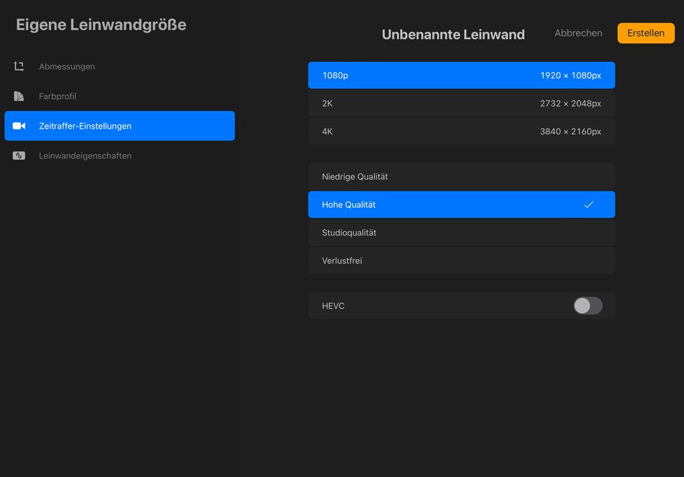 Procreate erstellt ein Video deines Mal-Prozesses. Hier stellst du die Qualität dafür ein.