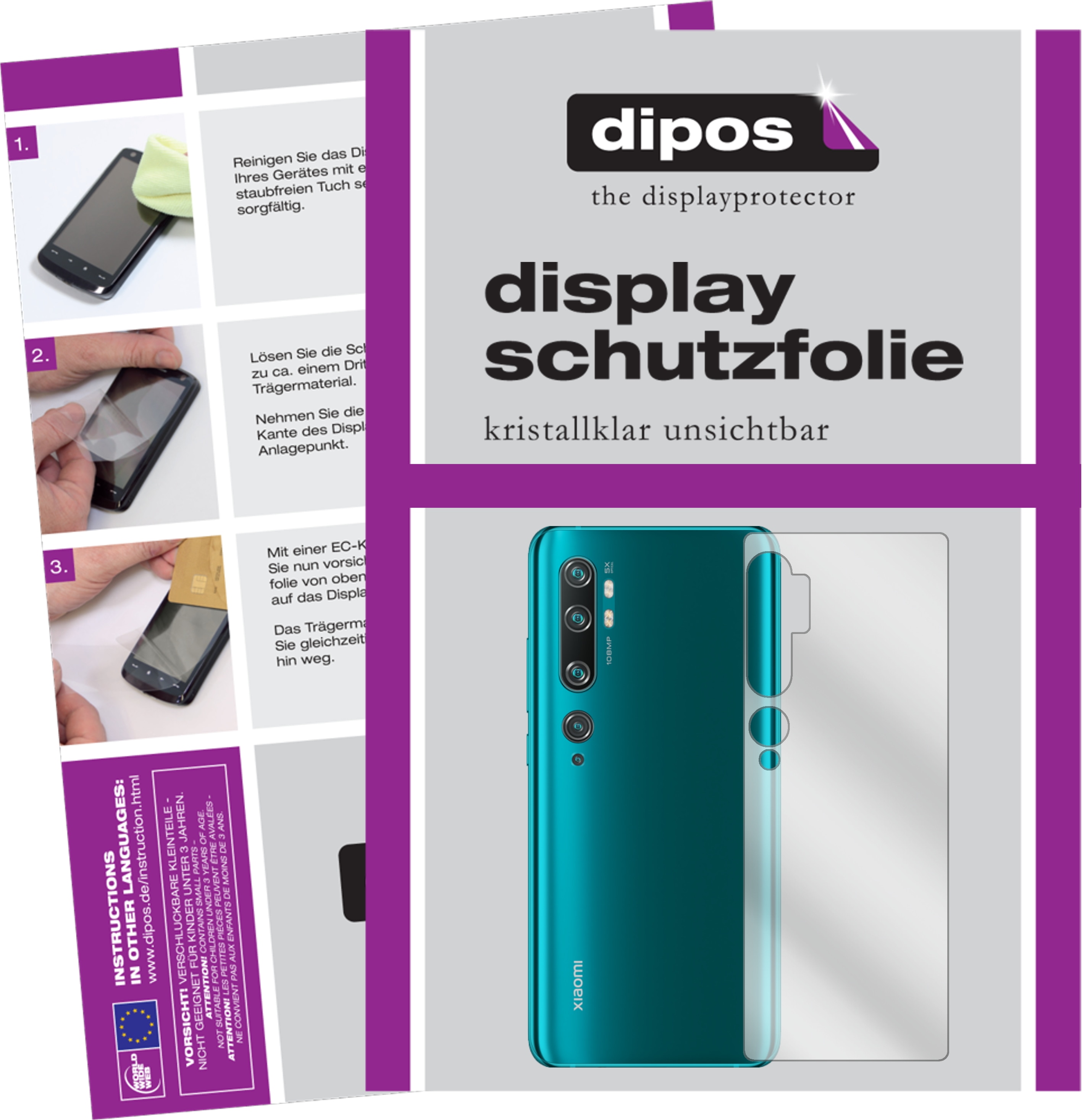 Dipos Displayschutzfolie Crystalclear (2 Stück, Xiaomi Mi Note 10), Smartphone Schutzfolie, Transparent