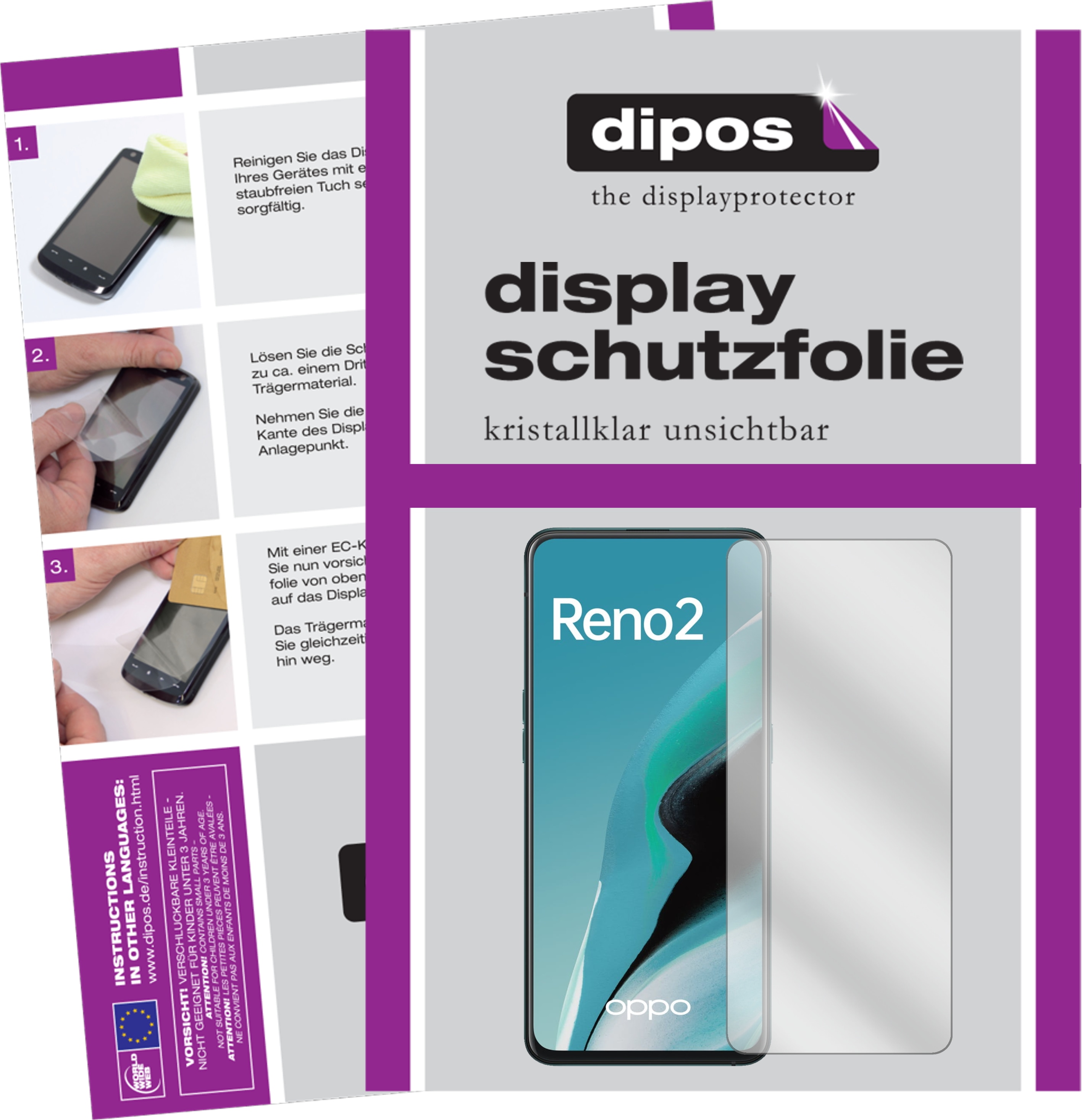 Dipos Displayschutzfolie Crystalclear (2 Stück, Oppo Reno 2), Smartphone Schutzfolie