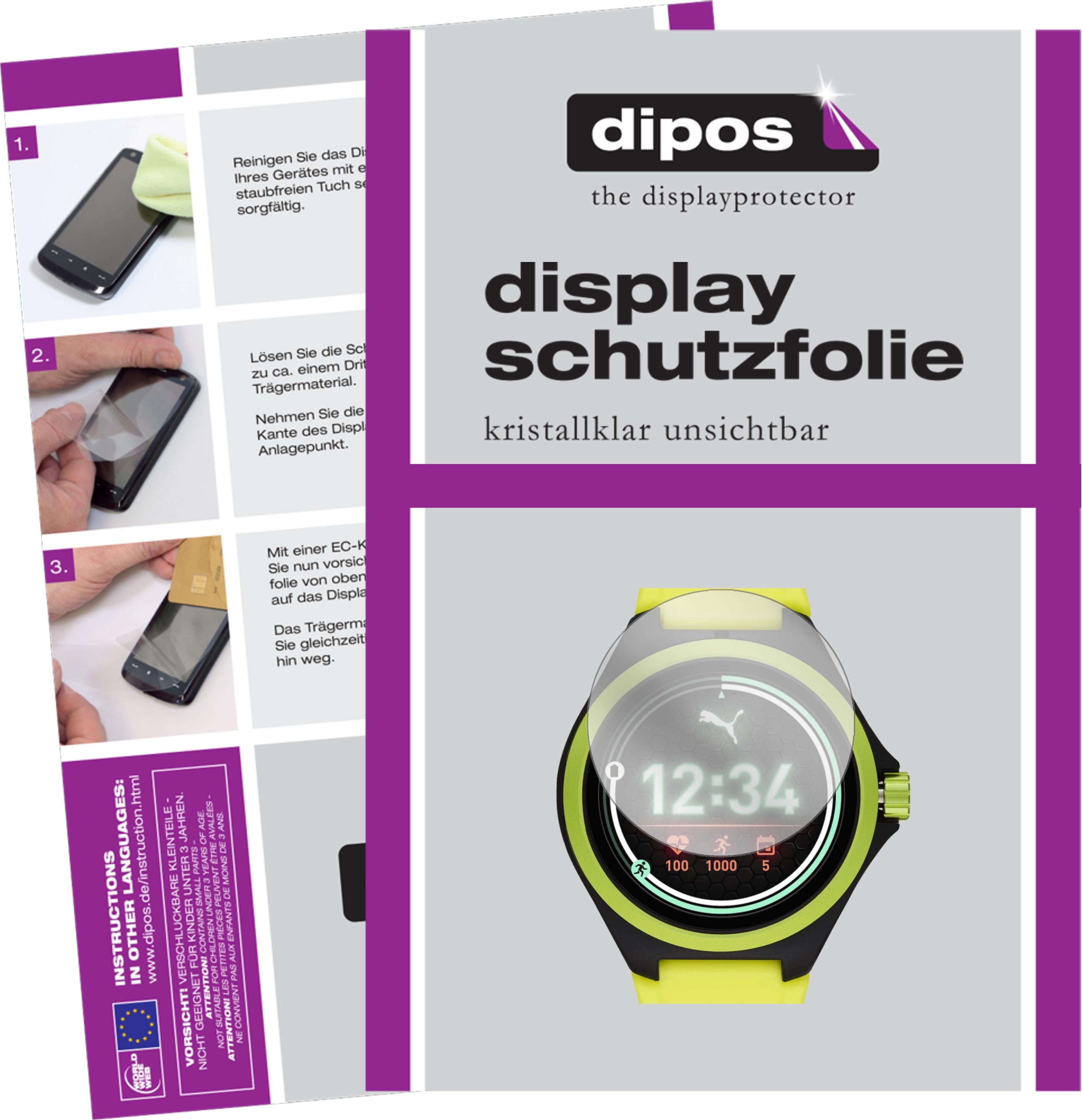 Dipos Displayschutzfolie Crystalclear, Smartwatch Schutzfolie, Transparent