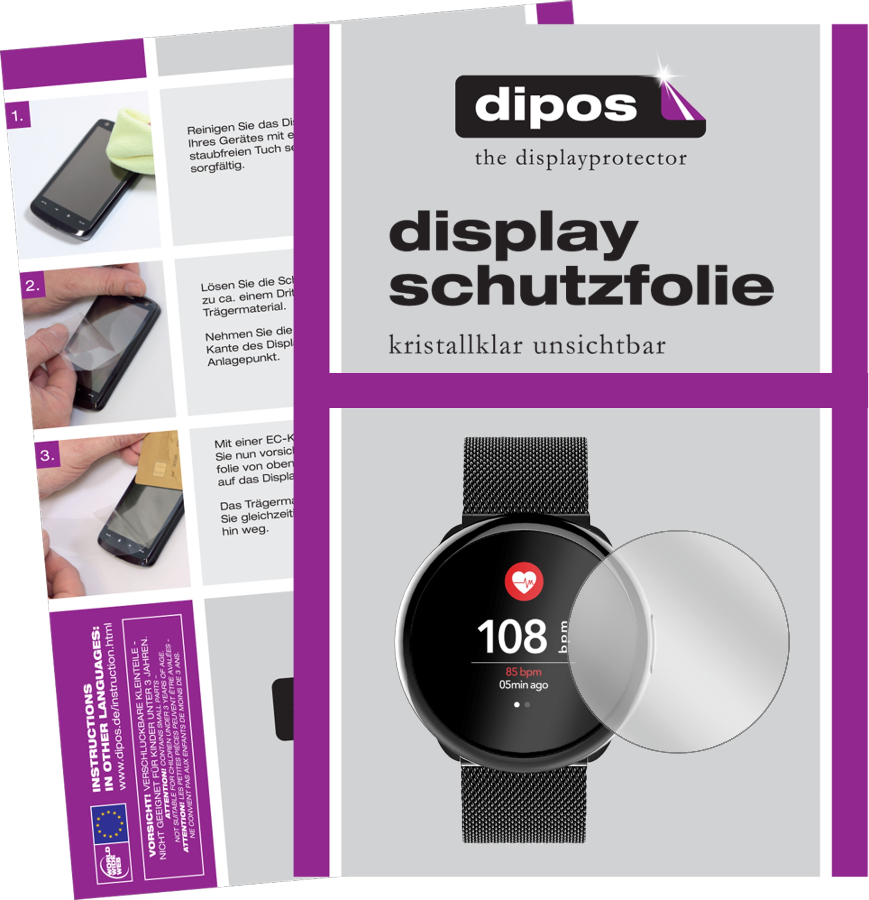 Dipos Displayschutzfolie Crystalclear, Smartwatch Schutzfolie, Transparent