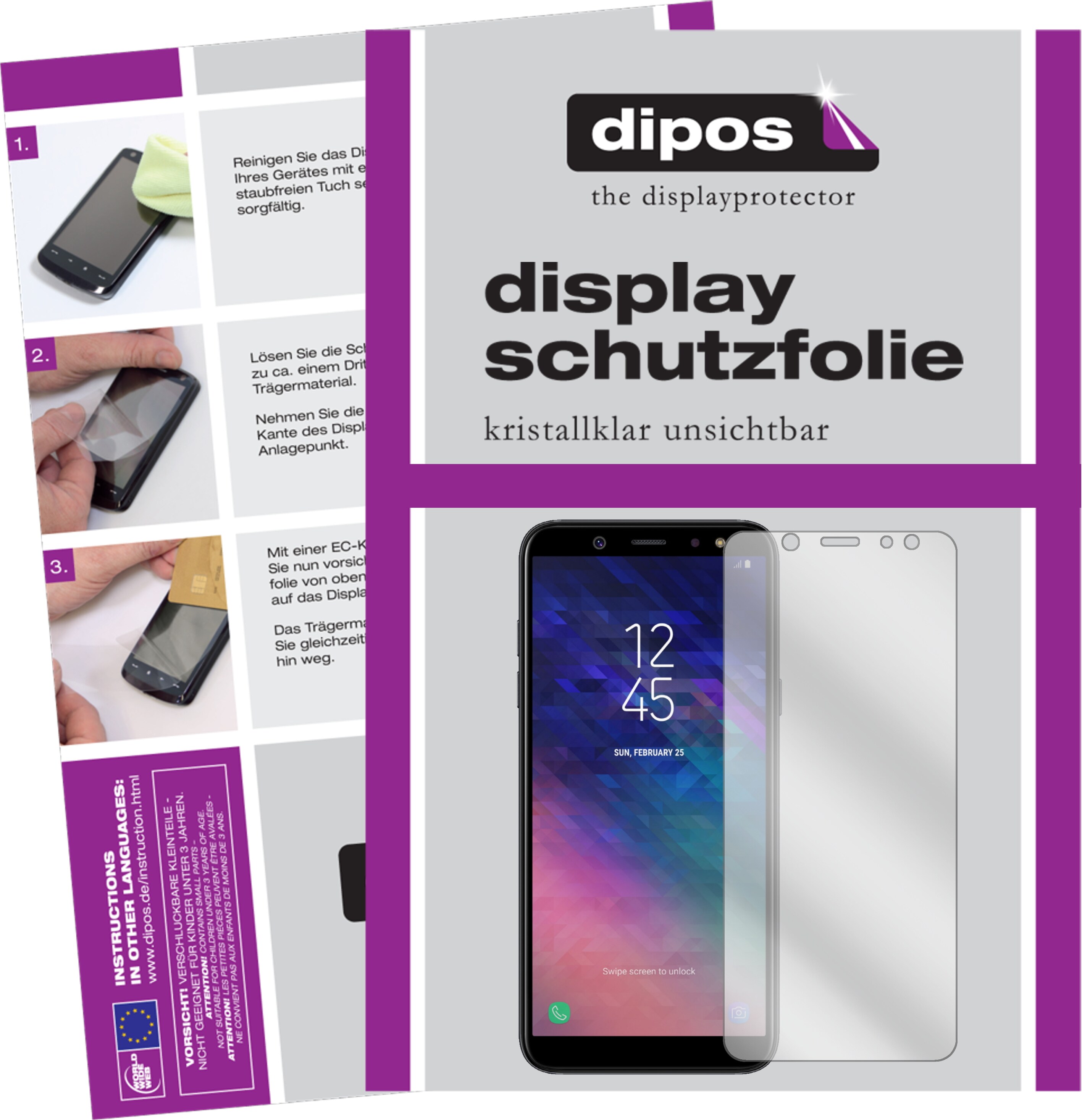 Dipos Displayschutzfolie Crystalclear (2 Stück, Galaxy A6+), Smartphone Schutzfolie, Transparent