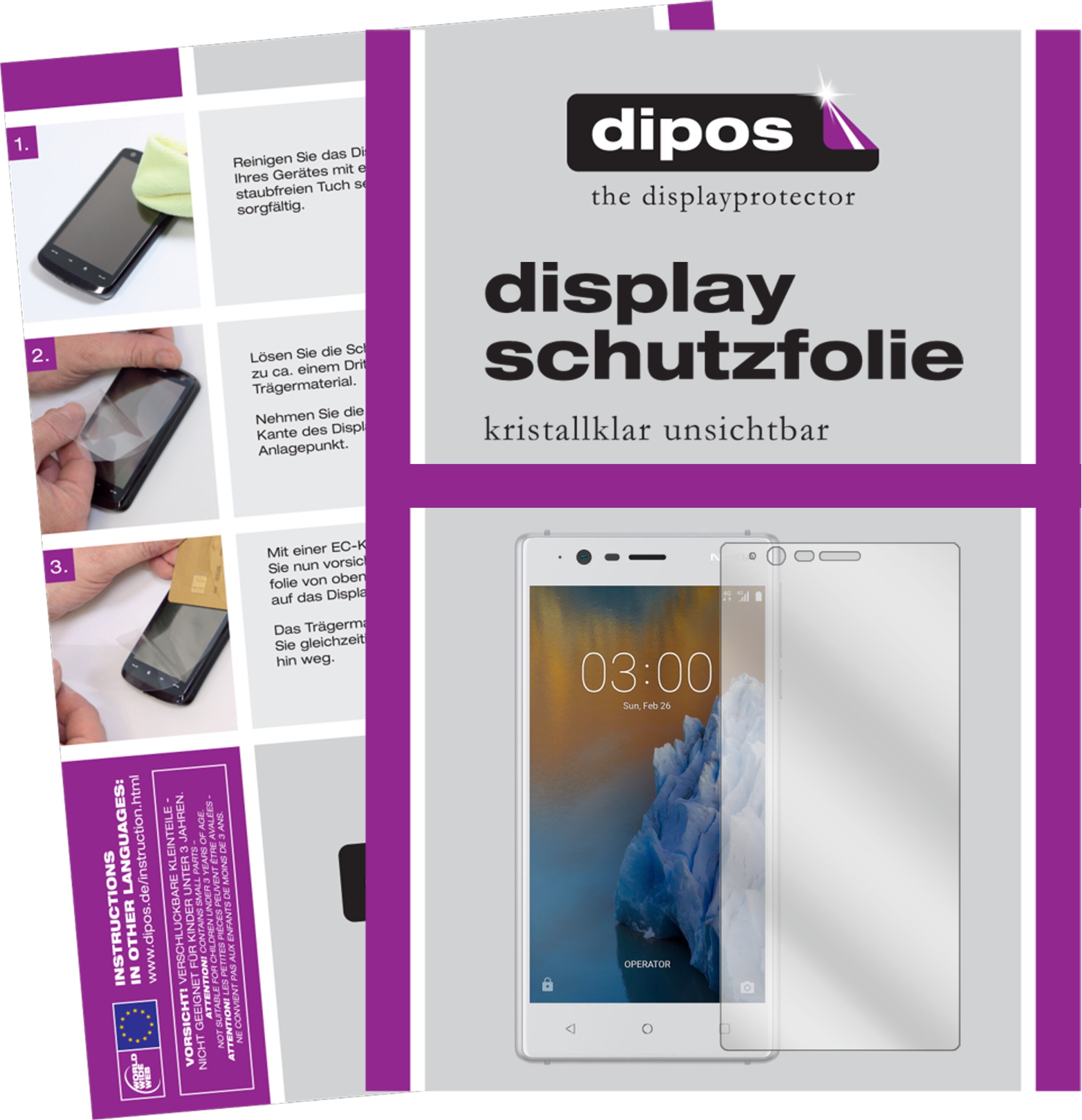 Dipos Displayschutzfolie Crystalclear (2 Stück, Nokia 3), Smartphone Schutzfolie, Transparent