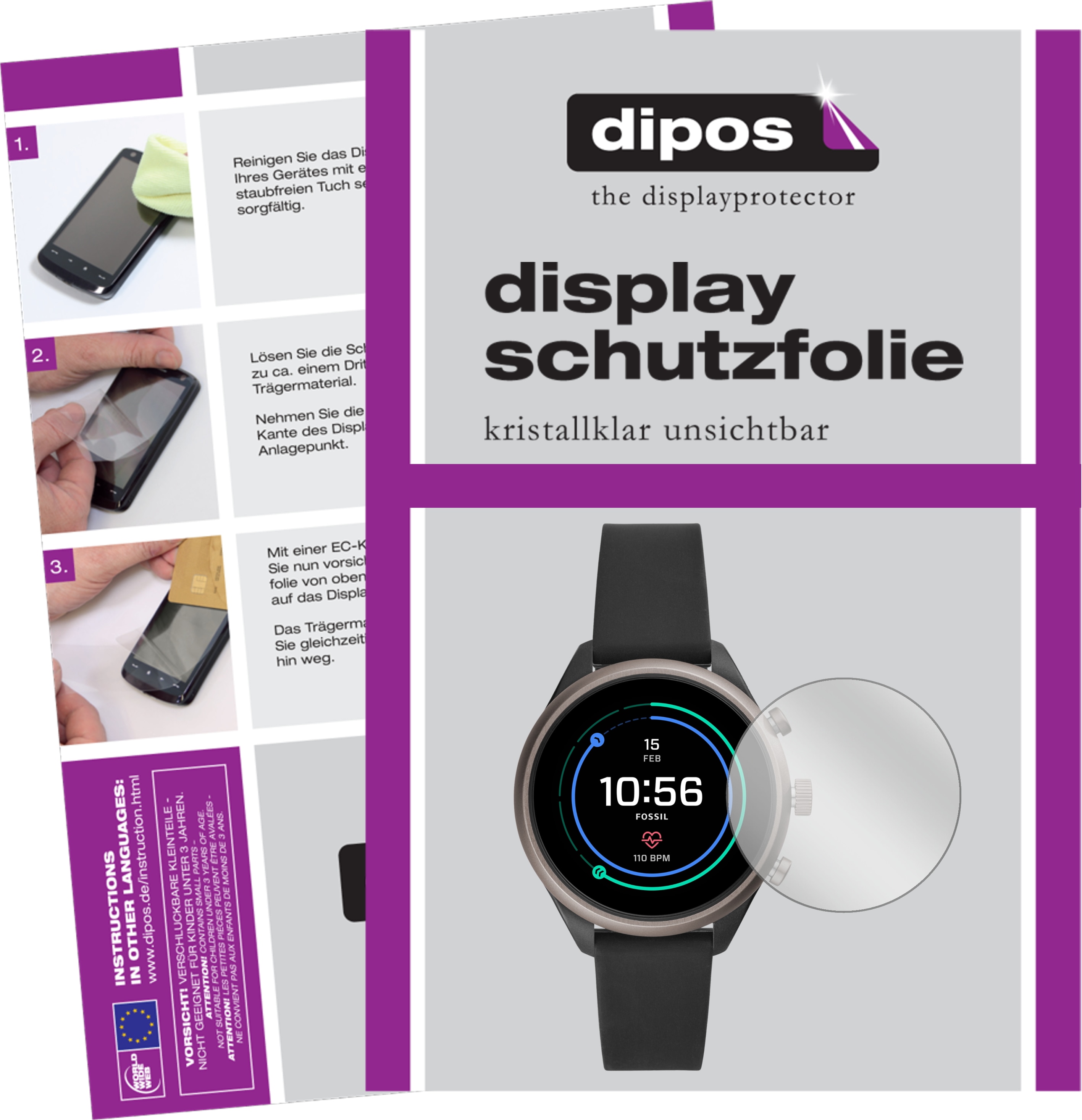 Dipos Displayschutzfolie Crystalclear, Smartwatch Schutzfolie, Transparent