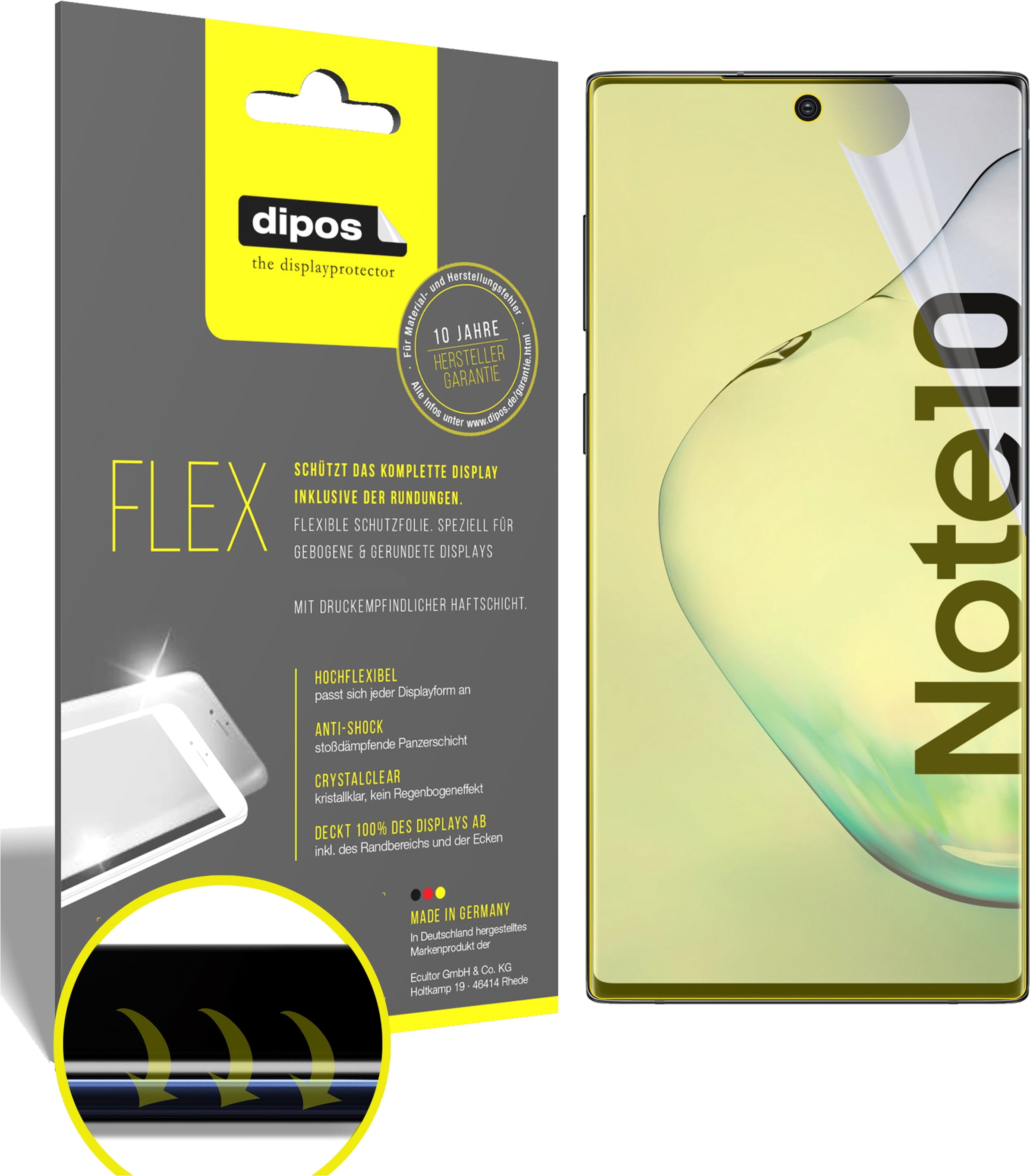 Dipos Displayschutzfolie Full-Cover 3D (3 Stück, Galaxy Note 10), Smartphone Schutzfolie, Transparent