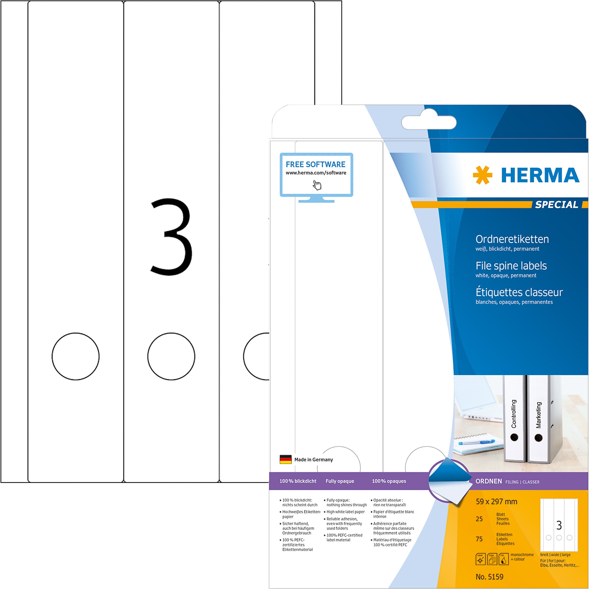 Herma, Ordner Zubehör, Ordneretiketten w. 59X297 25 Blatt DIN A4 75 Stück