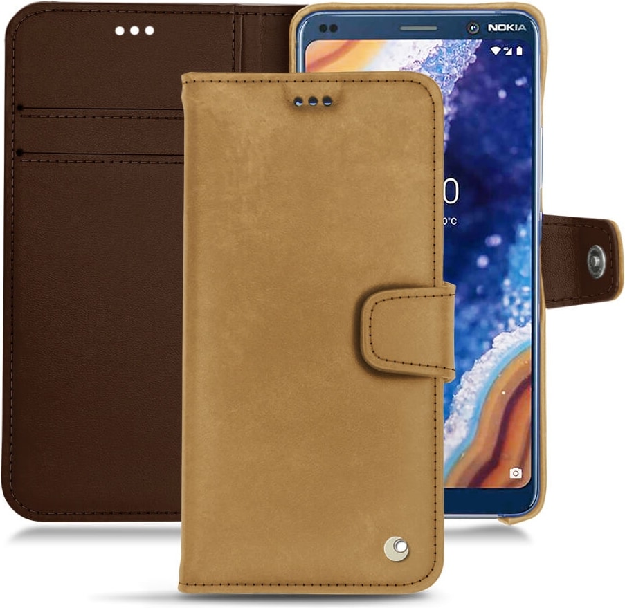 Noreve Lederschutzhülle Wallet (Nokia 9 PureView), Smartphone Hülle, Braun