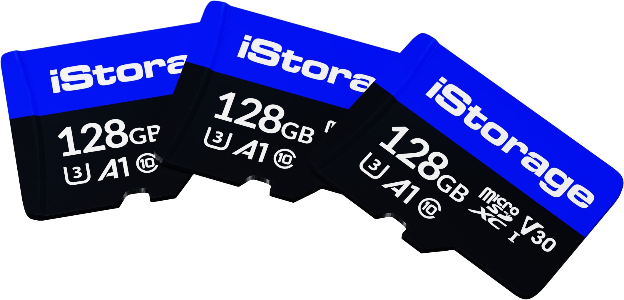 iStorage microSD (3-Pack) (microSDXC, 128 GB, U3, UHS-III), Speicherkarte, Blau, Schwarz