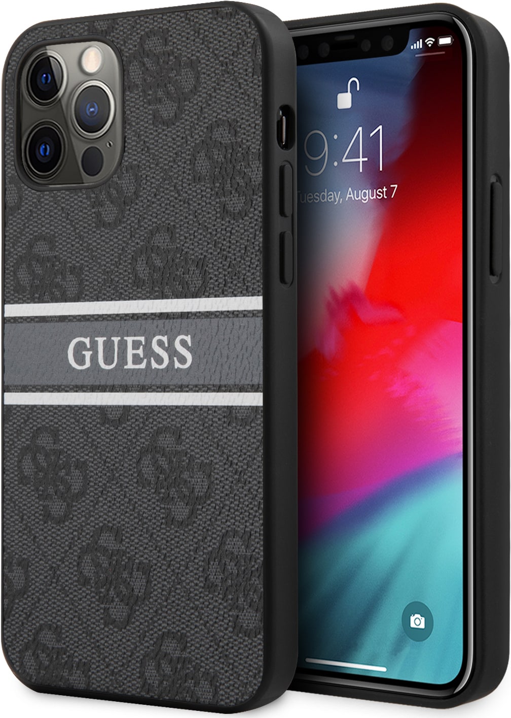 Guess Hard Cover 4G Printed Stripe (iPhone 12), Smartphone Hülle, Grau