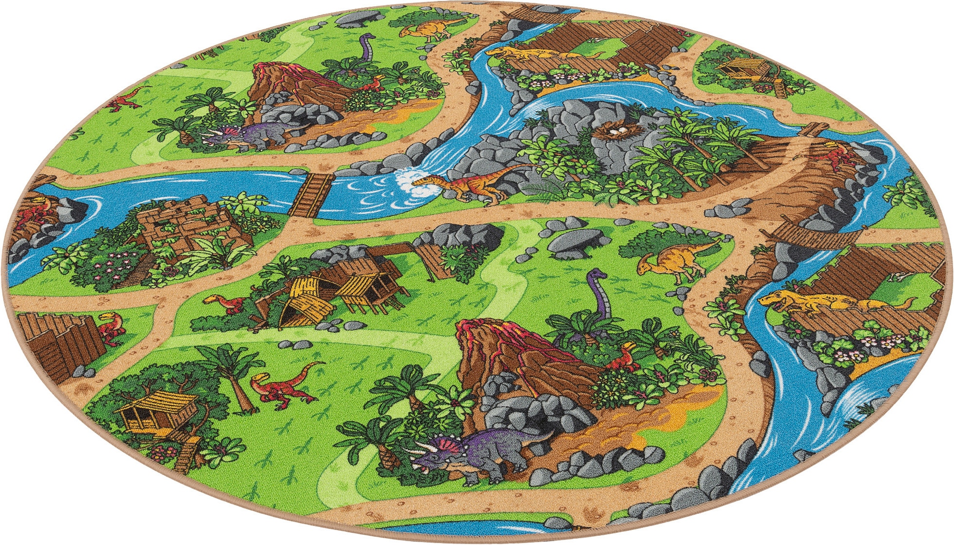 Pergamon, Spielteppich + Spielmatte, Kinder Spiel Strassen Teppich Dino Welt Rund (100 x 100 cm)