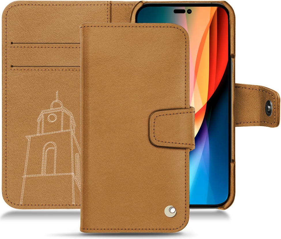 Noreve Lederschutzhülle Wallet (iPhone 14 Pro), Smartphone Hülle, Braun