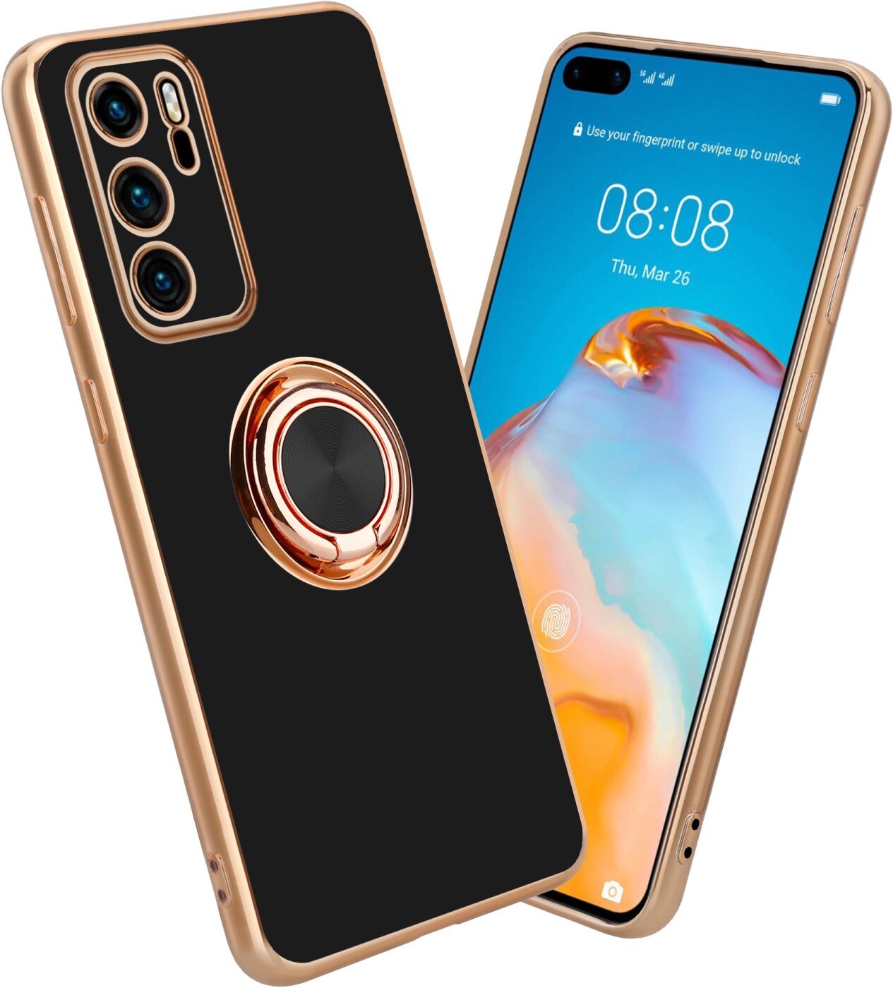 Cadorabo Hülle für Huawei P40 im TPU mit Kameraschutz und Ring LM089 Style (P40), Smartphone Hülle, Schwarz