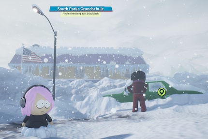 Dans la peau du petit nouveau, je pars à la recherche de Cartman en suivant le marquage vert.