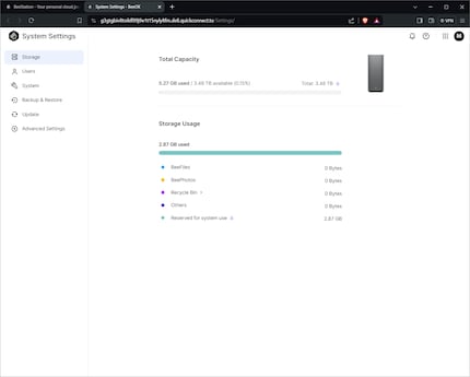 Puoi vedere quanta memoria è libera nelle impostazioni di sistema. È disponibile un totale di 3,48 TB.